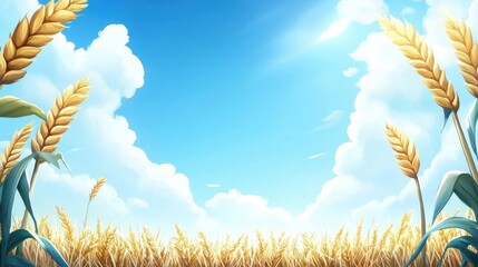 Golden wheat field under a bright blue sky with fluffy clouds.