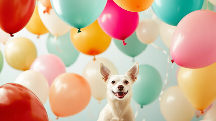 Joyful smiling dog surrounded by colorful balloons celebrating a happy occasion