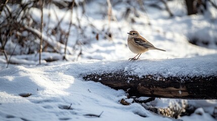 A bird standing still in a vast snowy landscape, with footprints leading into the distance, and frozen plants and trees framing the peaceful winter scenery 