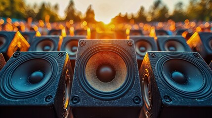 Stacks of speakers glowing under a sunset backdrop.