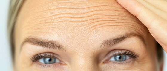 close up image of woman forehead showing fine lines and wrinkles, with hand gently touching skin, highlighting natural aging and skin texture