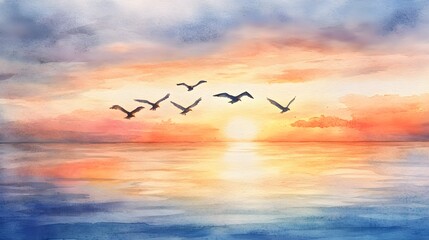 Serene Sunset Seascape Watercolor Painting Birds Flying Over Ocean