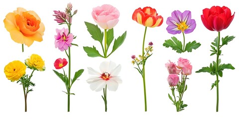 Vibrant Floral Collection: A diverse array of blossoms, including roses, tulips, and other vibrant blooms, arranged against a clean background. Perfect for floral designs, greeting cards, or websites.