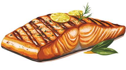 Grilled Salmon Fillet with Lemon Slices and Fresh Herbs on Plate