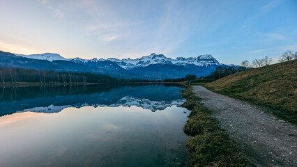 Sunset at Lac De Passy lake, France.