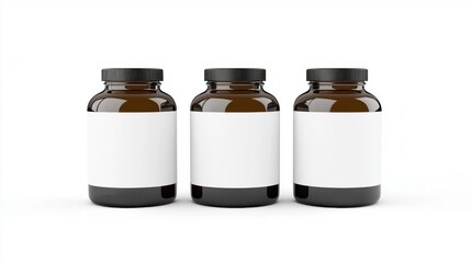 Three brown glass jars with blank labels, isolated on white background.