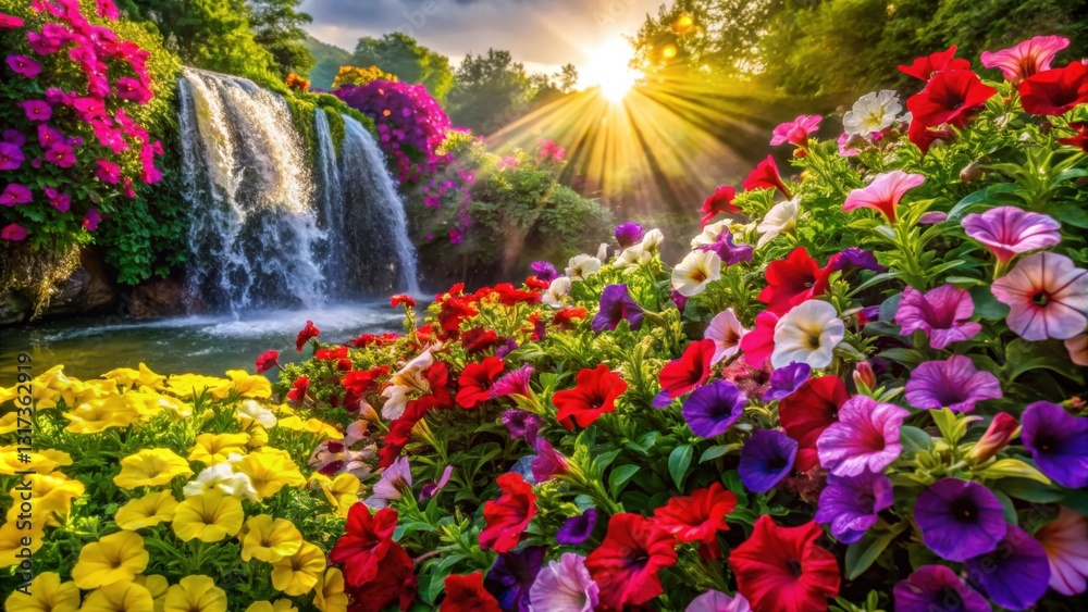 Poster A cascading waterfall with colorful blossoms in the foreground, bathed in the warm glow of a setting sun.
