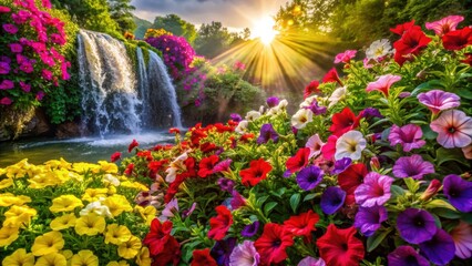 Obraz premium A cascading waterfall with colorful blossoms in the foreground, bathed in the warm glow of a setting sun.