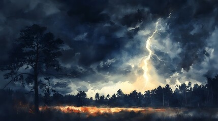 Dramatic Thunderstorm Landscape with Lightning Strike over Forest
