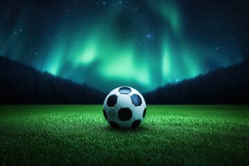 Soccer Ball on a Lush Field Under the Northern Lights with a Stunning Night Sky
