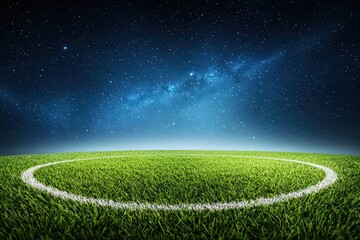 Obraz premium Football Field Under Northern Lights with Starry Sky and Vibrant Green Grass Landscape