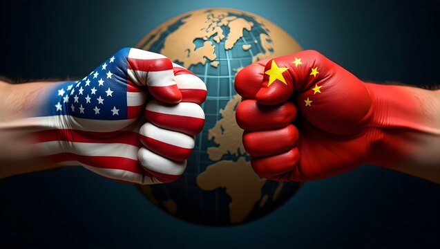 Photo of two fists, one with an American flag painted on it and the other with a Chinese flag painted on it, facing each other, with a globe in the background