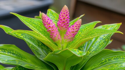 Close up view of a vibrant plant with variegated green leaves and tall, slender pink flower spikes. The image is sharply focused, highlighting the intricate details of the plant's texture and color.