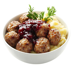 A Bowl of Swedish Meatballs with Lingonberry Sauce Isolated on Transparent Background