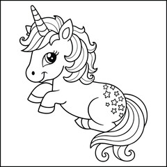 Black and white printable Unicorn coloring pages for kids. Children's coloring books with cute unicorn cartoon character, fun and educational materials for kindergarten.