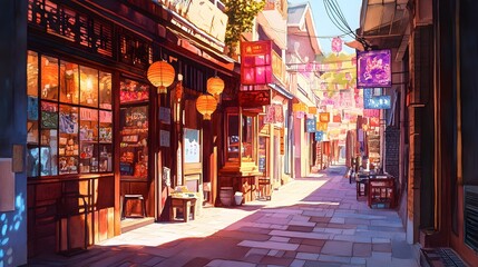 Naklejka premium Sunny Day in a Vibrant Asian Street Market with Traditional Shops and Lanterns