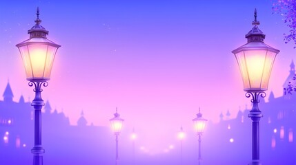 A city street at dusk with a purple sky and a large cathedral in the background