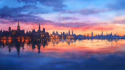 Obraz premium Serene Cityscape at Sunset Waterfront Skyline Reflection in Vibrant Colors