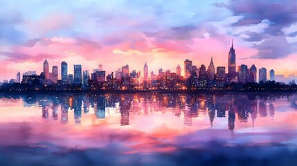 Obraz premium Serene Cityscape at Sunset Watercolor Painting of Urban Skyline Reflected in Calm Water