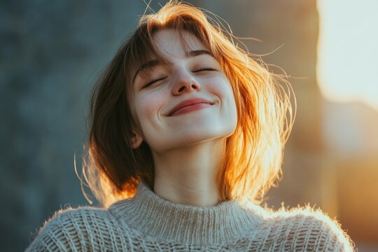 A serene woman smiling with eyes closed, possibly in meditation or contemplation
