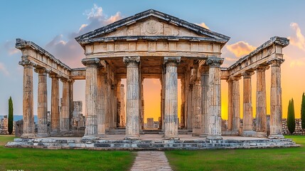 Fototapeta premium Ancient Greek temple ruins at sunset.