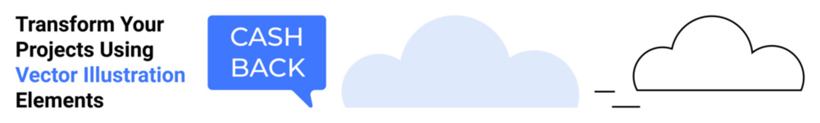 Cashback text in blue speech bubble beside a colored and outlined cloud. Ideal for finance, online shopping, discounts, marketing, cloud services, savings, flat landing page banner