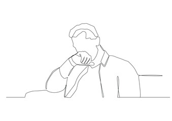 Continuous one line art of a crying man, his hand pressed to his face.