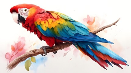 Obraz premium Vibrant Scarlet Macaw Perched on Branch Watercolor Painting Artwork