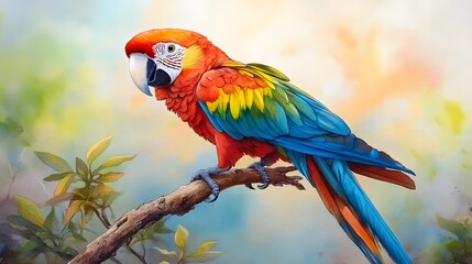 Vibrant Scarlet Macaw Perched on Branch Tropical Bird Wildlife Painting