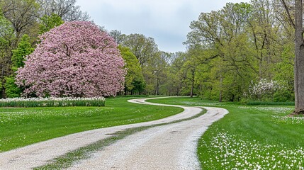 Fototapeta premium Spring, road, park, blossoms, trees, curving, driveway, landscape, nature, serenity