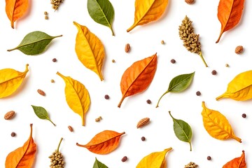 Obraz premium Autumn Leaves Pattern on White Background with Seeds and Spices
