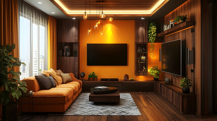 Fototapeta premium Modern orange living room with media wall, city view, home entertainment setup