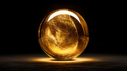 Golden sphere with reflective surfaces on a black background, exuding a sense of mystery and luxury. Concept of elegance, mystery, and opulence.