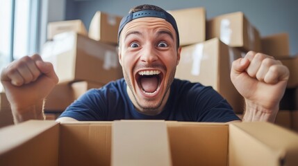 Ecstatic Man Amidst Cardboard Boxes, A Joyful Relocation or New Business Venture?