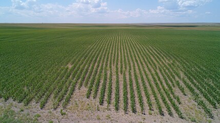 Vast Green Cornfield Under a Summer Sky: An Aerial View of Agricultural Landscape