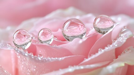 Close up of pink rose petals with glistening water droplets, soft lighting, delicate texture, macro photography.
