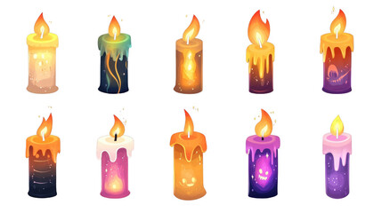 Colorful Candles with Flames and Decorative Wax Drips