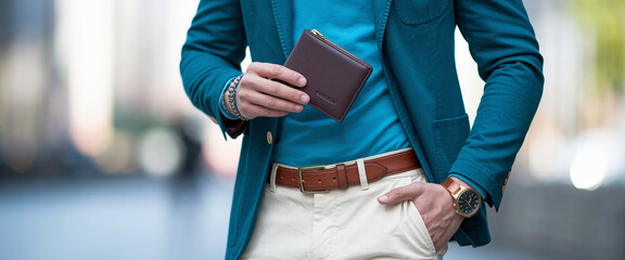 Man in teal blazer holding brown leather wallet, showcasing casual business style, suggesting sophistication and reliability