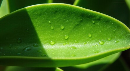 Green Leaf with Water Droplets Shining in Sunlight Close-up