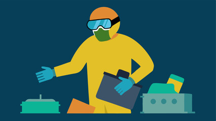 Safety Gear and EWaste An of a person wearing safety gear gloves goggles while sorting through a pile of ewaste addressing the safety concerns associated with improper