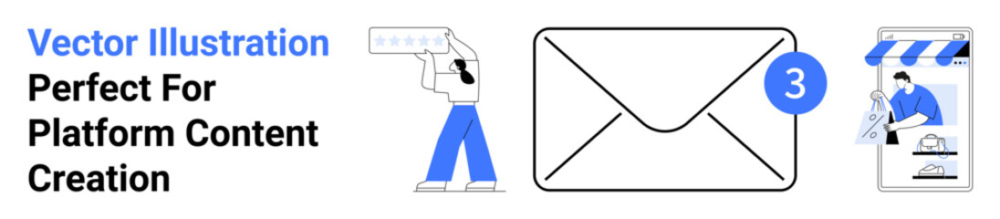 Email icon with notification, character holding video tool, and mobile storefront. Ideal for marketing, communication, e-commerce, digital business, branding, content creation flat landing page