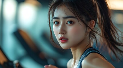 Naklejka premium A close-up side view of a young Asian woman running on a treadmill, sweat glistening on her forehead, her determined eyes focused ahead, soft gym lighting enhancing her toned arms,
