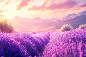 Obraz premium Lavender fields in full bloom with mountain backdrop. Neural network AI generated