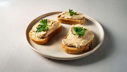 Crusty bread with smooth liver pate and fresh green herbs. Delicious lunch bite. Tasty snack.