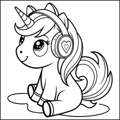 Coloring pages, Happy Cute unicorn cartoon wearing headphones and listening to music vector.