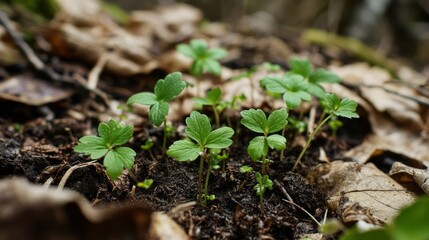 A lush garden with tiny green plants growing rapidly, soft spring light illuminating the vibrant green leaves and colorful wildflowers around 