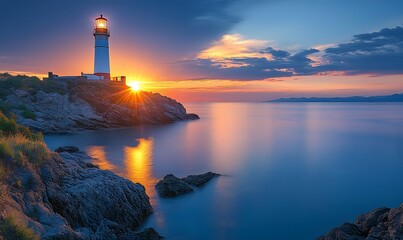 Lighthouse at Sunset: A Beacon of Hope Guiding Through Tranquil Waters