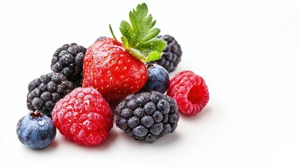 Macro Shot of Fresh Berries with Dew Drops on a Clean White Background