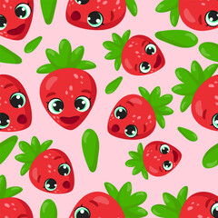 Seamless strawberry pattern with happy faces on a pink background. Perfect for packaging, textiles, wallpapers, and branding