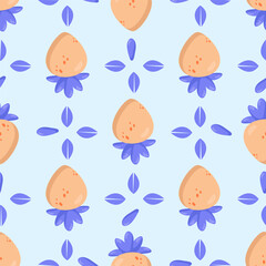Seamless pattern featuring stylized peaches with blue leaves on a soft pastel blue background. Perfect for textile design, packaging, wallpaper, and modern branding projects